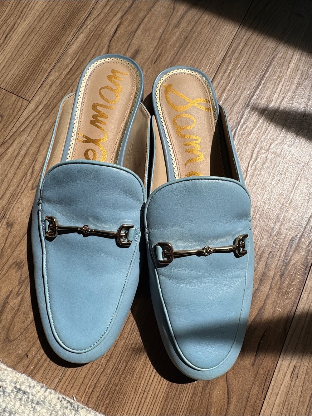 Sam Edelman Light Blue Leather Slip-On Mules with Gold Bit